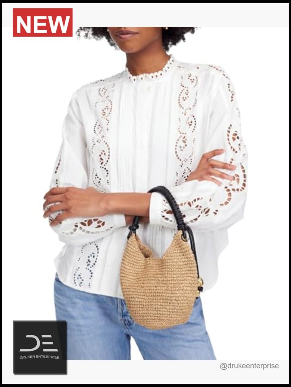 Woven Straw Mini Pouch Shoulder Bag with Gold-Tone Bead Accents - Picture 3 of 7
